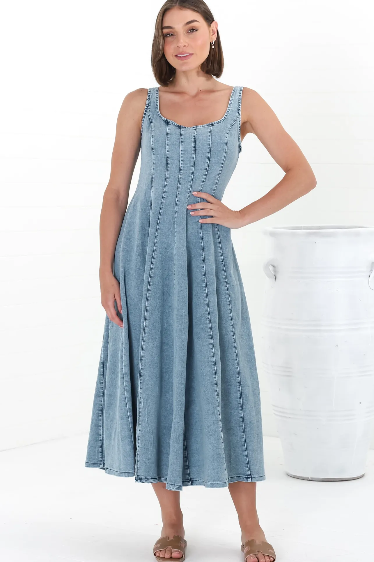 Jadely Midi Dress - Adjustable Strap A-Line Denim Sun Dress in Light Denim>Salty Crush Best