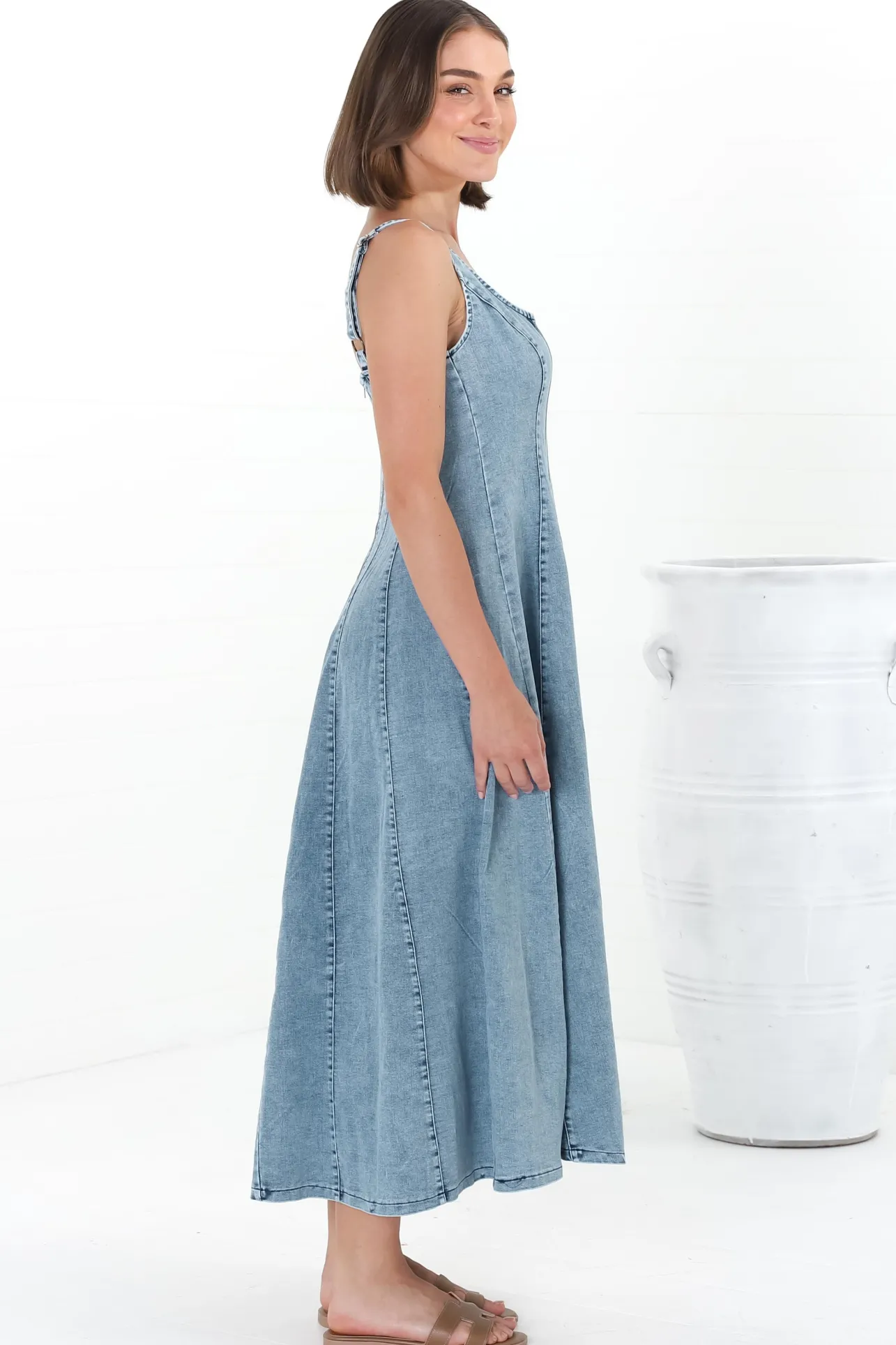 Jadely Midi Dress - Adjustable Strap A-Line Denim Sun Dress in Light Denim>Salty Crush Best