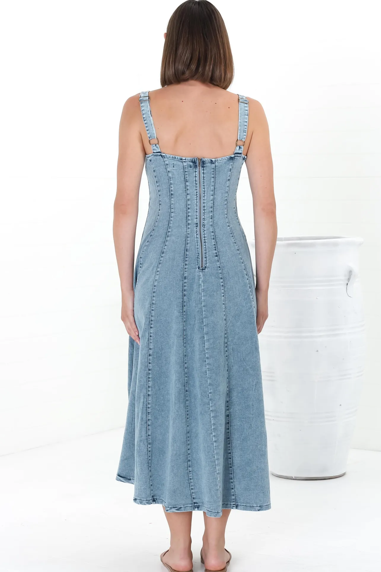 Jadely Midi Dress - Adjustable Strap A-Line Denim Sun Dress in Light Denim>Salty Crush Best