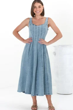 Jadely Midi Dress - Adjustable Strap A-Line Denim Sun Dress in Light Denim><noscript><img width=