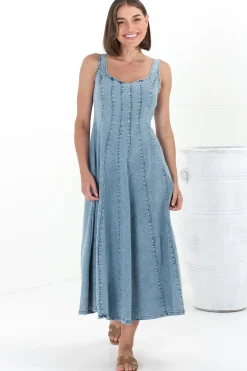 Jadely Midi Dress - Adjustable Strap A-Line Denim Sun Dress in Light Denim><noscript><img width=