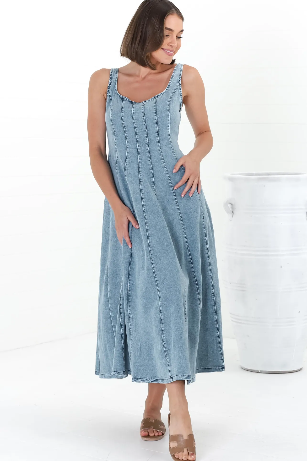 Jadely Midi Dress - Adjustable Strap A-Line Denim Sun Dress in Light Denim>Salty Crush Best