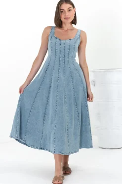 Jadely Midi Dress - Adjustable Strap A-Line Denim Sun Dress in Light Denim><noscript><img width=