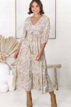 Jaden Midi Dress - Elasticated Bodice A-Line Dress in Jeani Print Beige><noscript><img width=