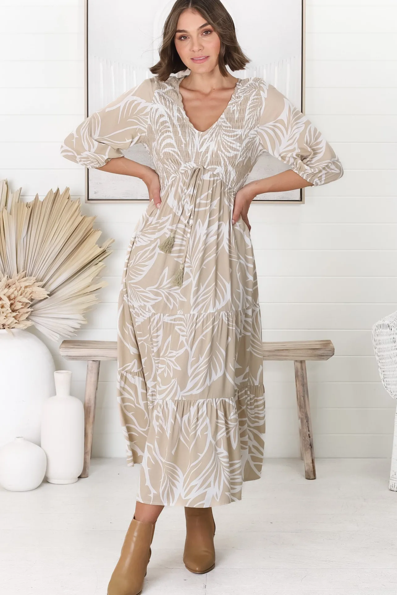 Jaden Midi Dress - Elasticated Bodice A-Line Dress in Jeani Print Beige>Salty Crush Hot