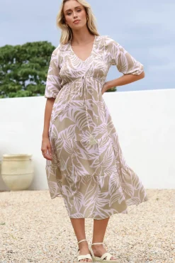 Jaden Midi Dress - Elasticated Bodice A-Line Dress in Jeani Print Beige><noscript><img width=
