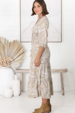 Jaden Midi Dress - Elasticated Bodice A-Line Dress in Jeani Print Beige><noscript><img width=