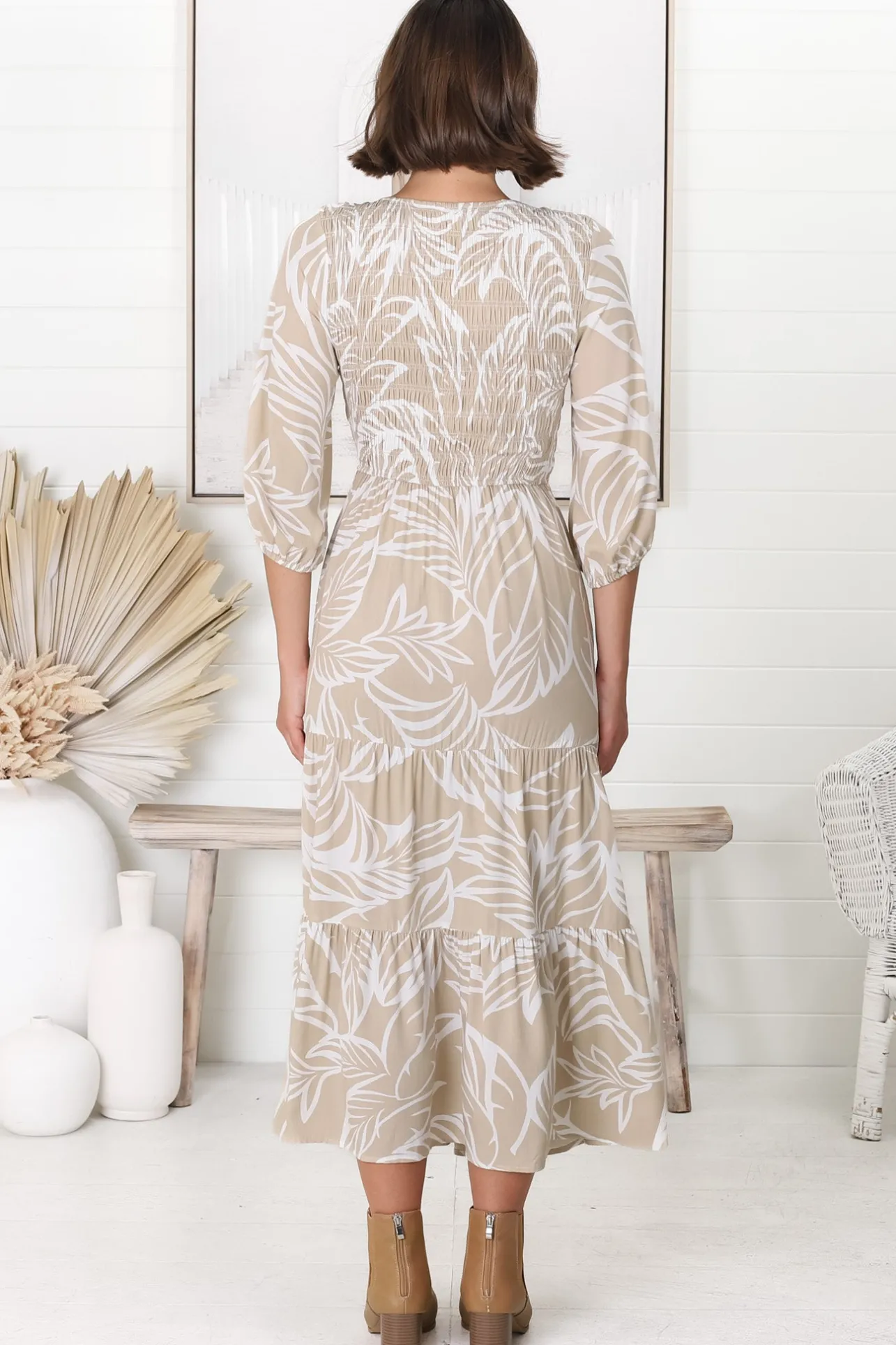 Jaden Midi Dress - Elasticated Bodice A-Line Dress in Jeani Print Beige>Salty Crush Hot
