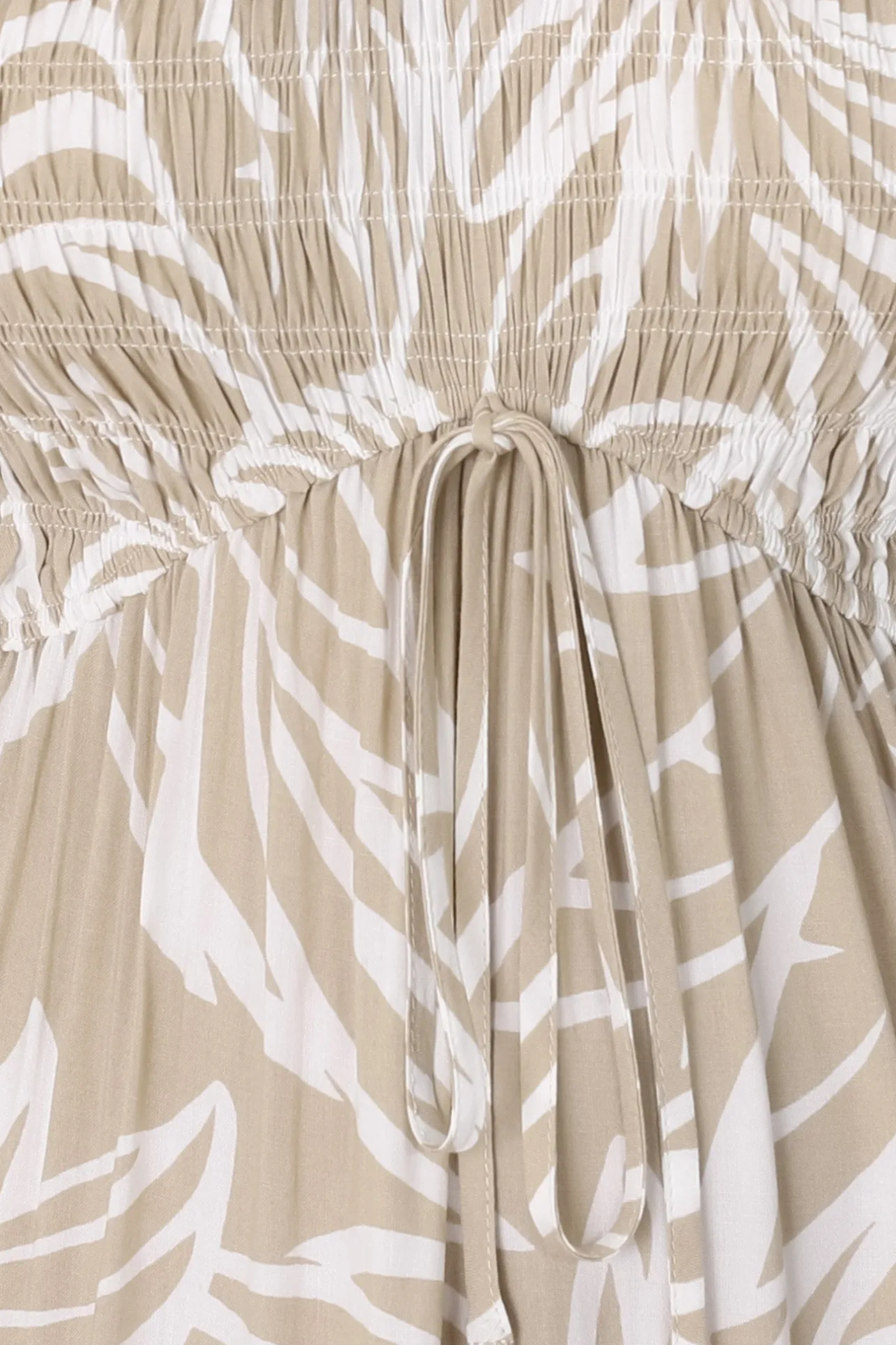 Jaden Midi Dress - Elasticated Bodice A-Line Dress in Jeani Print Beige>Salty Crush Hot