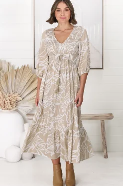 Jaden Midi Dress - Elasticated Bodice A-Line Dress in Jeani Print Beige><noscript><img width=