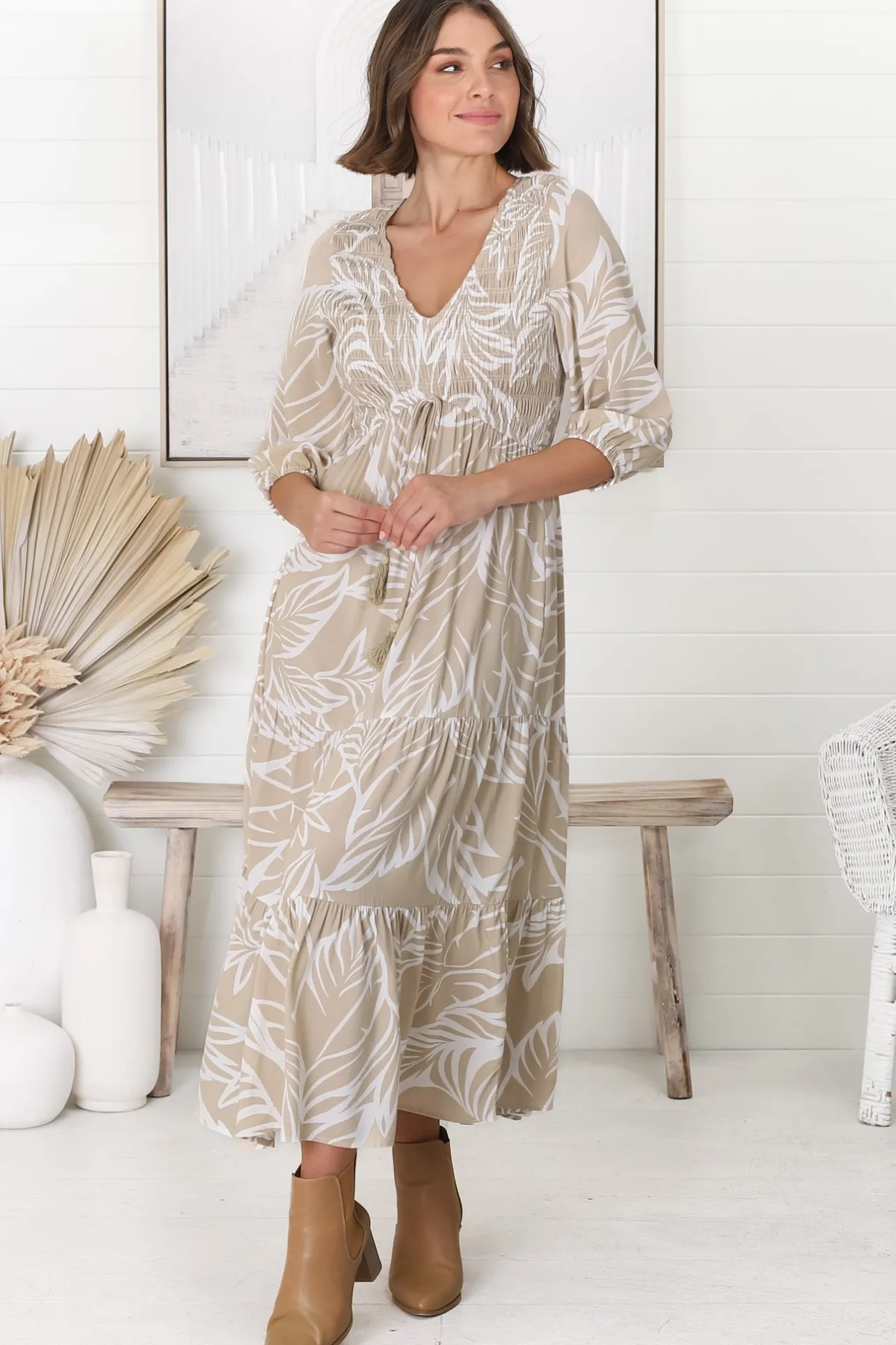 Jaden Midi Dress - Elasticated Bodice A-Line Dress in Jeani Print Beige>Salty Crush Hot