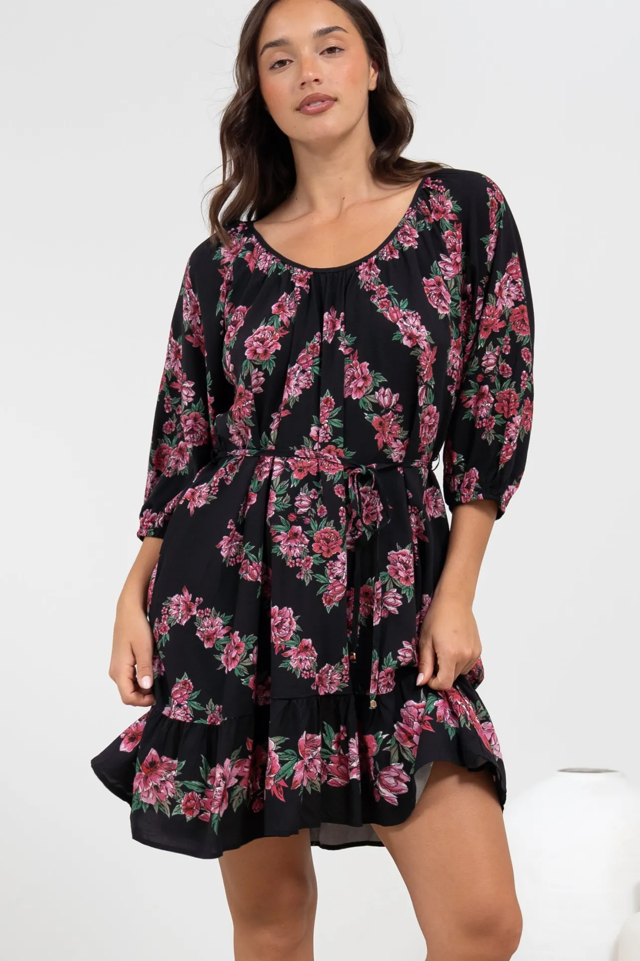 Jannis Mini Dress - Scoop Neckline Shift Dress with Belt in Love Story Print>Salty Crush Online
