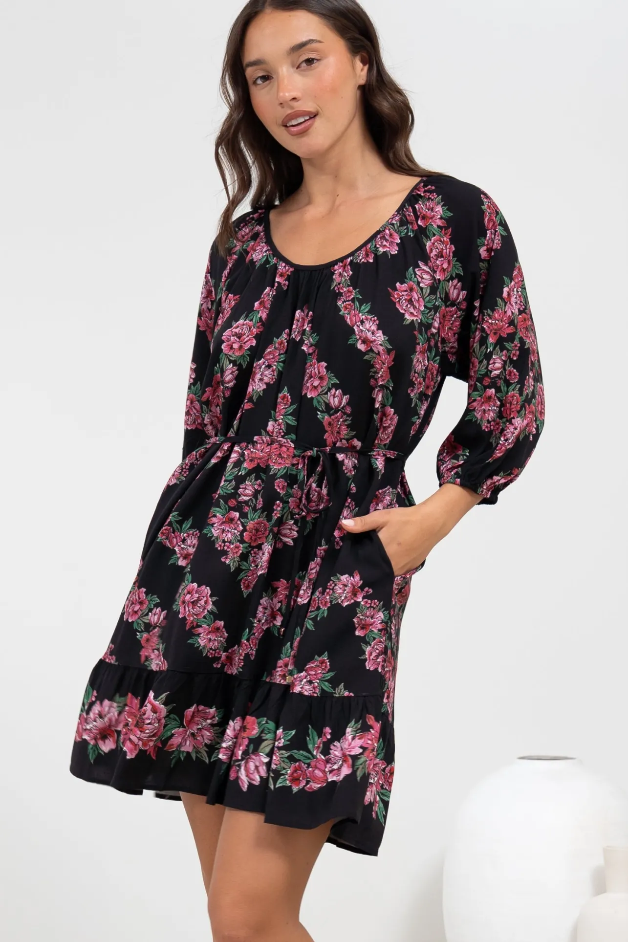 Jannis Mini Dress - Scoop Neckline Shift Dress with Belt in Love Story Print>Salty Crush Online