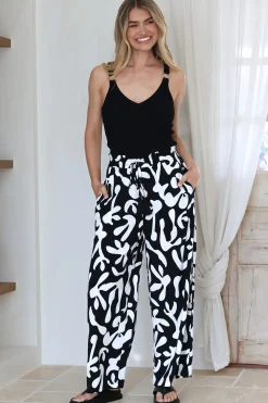 Jaxie Pants - Elasticated Paperbag Waist with Drawstring Wide Leg Pants with Pockets in Black>Salty Crush Online