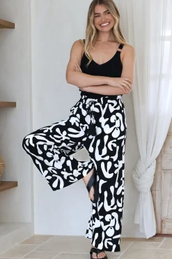 Jaxie Pants - Elasticated Paperbag Waist with Drawstring Wide Leg Pants with Pockets in Black>Salty Crush Online
