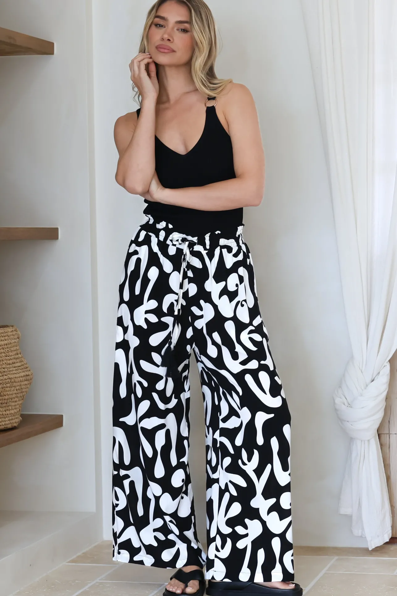 Jaxie Pants - Elasticated Paperbag Waist with Drawstring Wide Leg Pants with Pockets in Black>Salty Crush Online