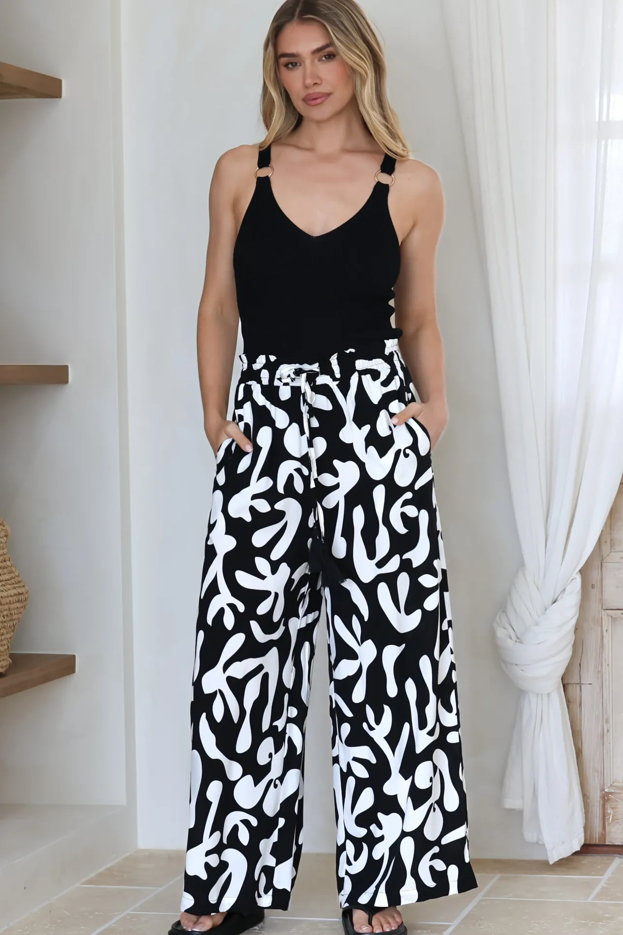Jaxie Pants - Elasticated Paperbag Waist with Drawstring Wide Leg Pants with Pockets in Black>Salty Crush Online
