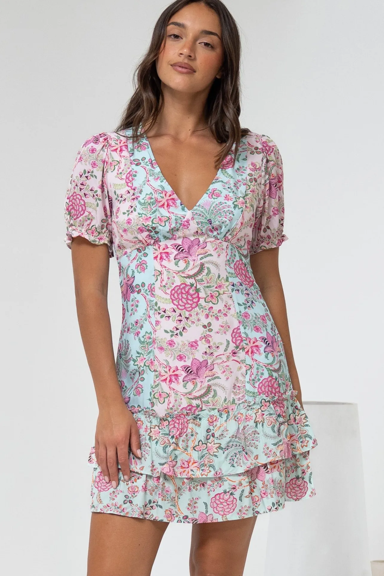 Jeannie Mini Dress - A Line Dress with Puff Sleeves in Spriggie Print Green>Salty Crush Outlet