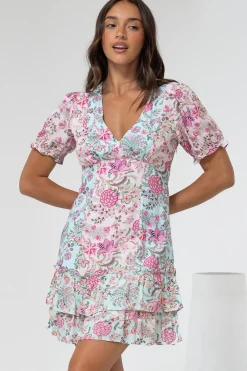Jeannie Mini Dress - A Line Dress with Puff Sleeves in Spriggie Print Green><noscript><img width=
