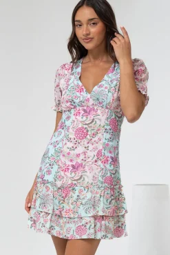 Jeannie Mini Dress - A Line Dress with Puff Sleeves in Spriggie Print Green><noscript><img width=