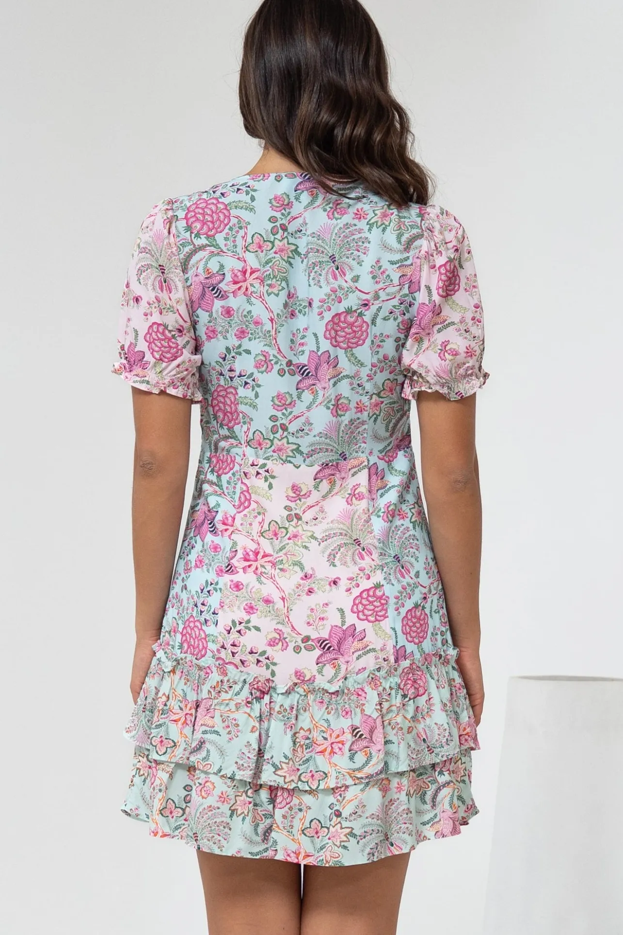 Jeannie Mini Dress - A Line Dress with Puff Sleeves in Spriggie Print Green>Salty Crush Outlet