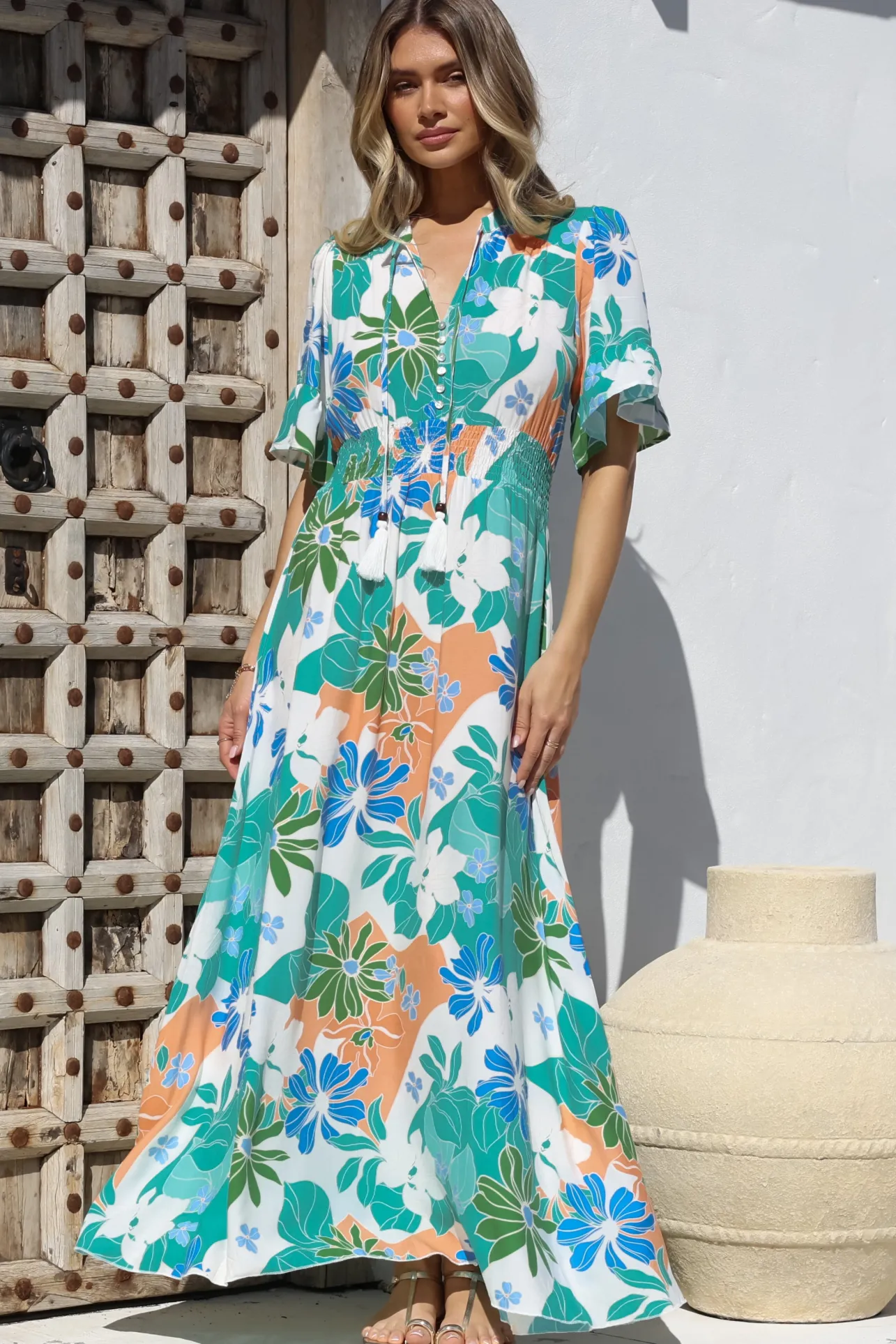 Jemina Maxi Dress - V-Neck Elasticated Waist A-Line Dress in Meaghan Print>Salty Crush Online