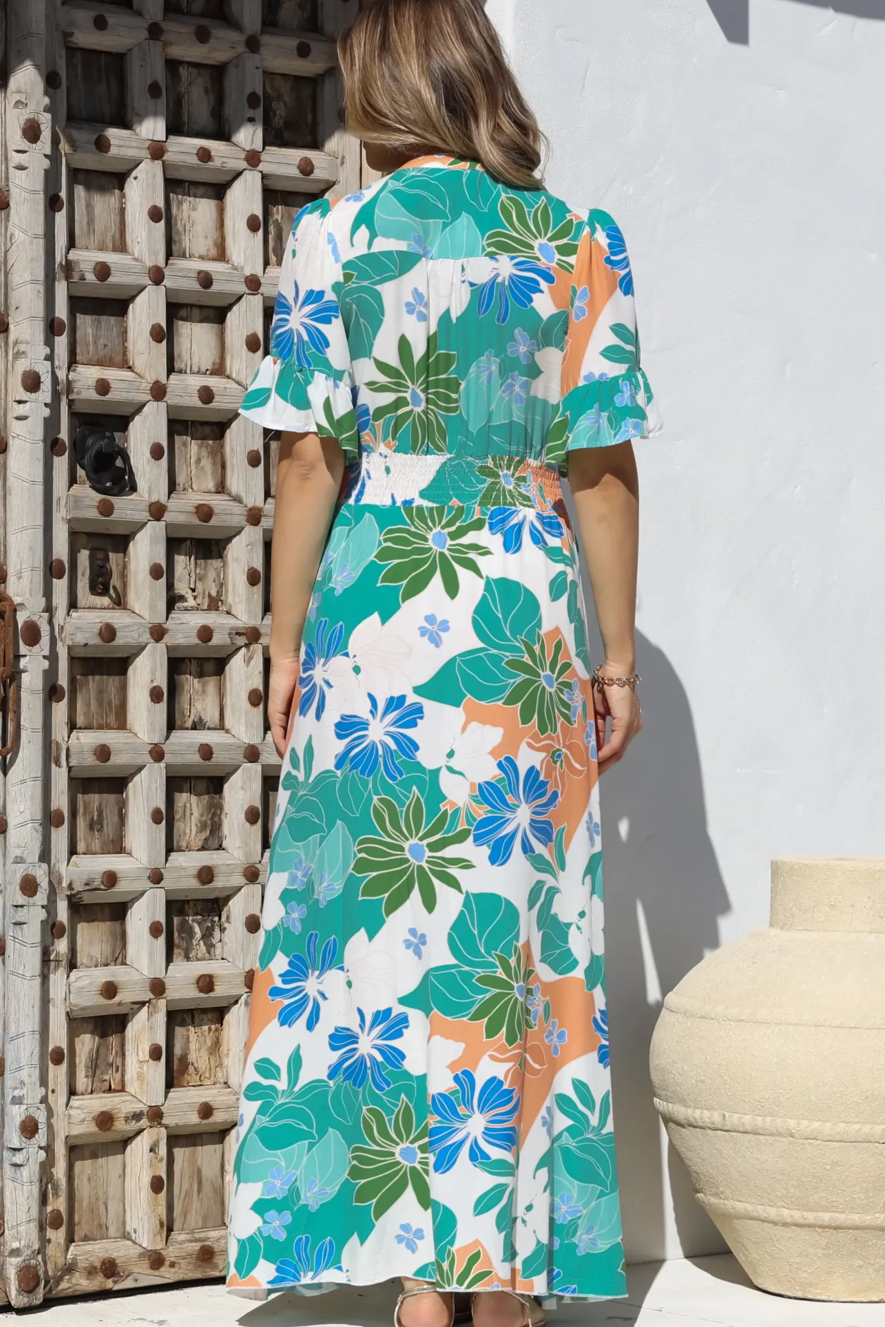 Jemina Maxi Dress - V-Neck Elasticated Waist A-Line Dress in Meaghan Print>Salty Crush Online