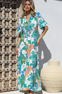 Jemina Maxi Dress - V-Neck Elasticated Waist A-Line Dress in Meaghan Print><noscript><img width=