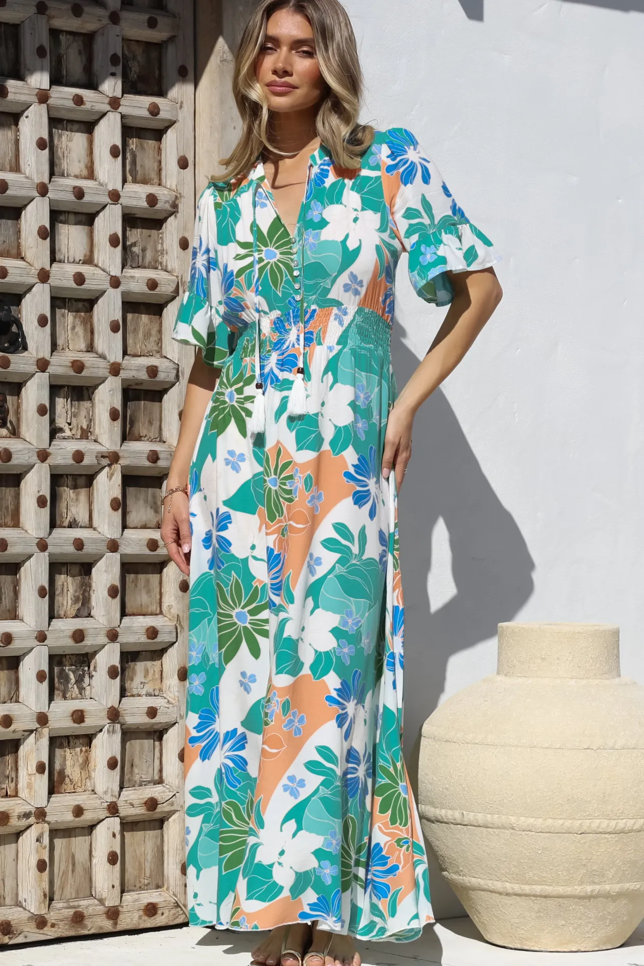 Jemina Maxi Dress - V-Neck Elasticated Waist A-Line Dress in Meaghan Print>Salty Crush Online