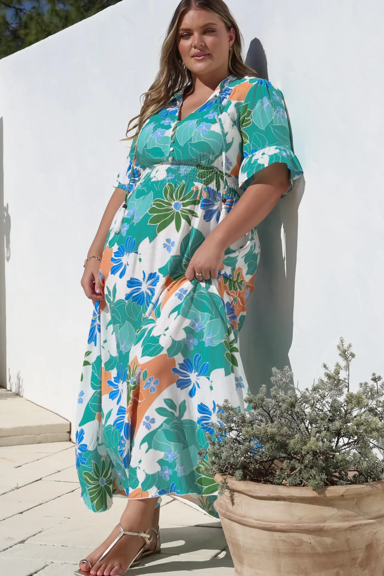 Jemina Maxi Dress - V-Neck Elasticated Waist A-Line Dress in Meaghan Print>Salty Crush Online