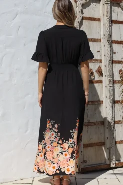 Jemina Maxi Dress - V-Neck Elasticated Waist A-Line Dress in Florence Print Black><noscript><img width=
