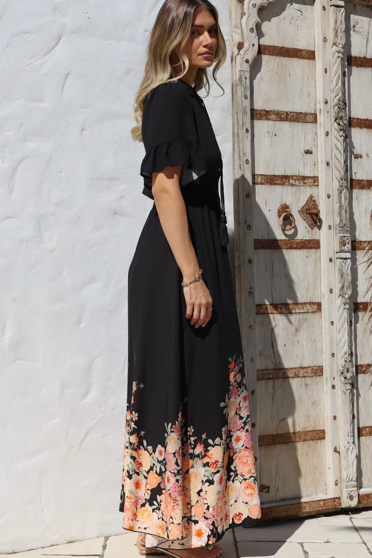 Jemina Maxi Dress - V-Neck Elasticated Waist A-Line Dress in Florence Print Black>Salty Crush Sale