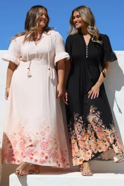 Jemina Maxi Dress - V-Neck Elasticated Waist A-Line Dress in Florence Print Black><noscript><img width=