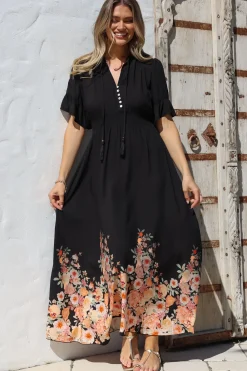 Jemina Maxi Dress - V-Neck Elasticated Waist A-Line Dress in Florence Print Black><noscript><img width=