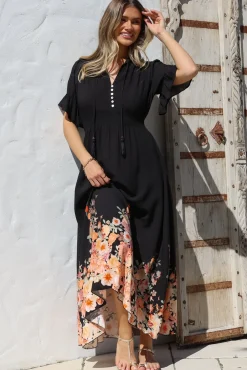 Jemina Maxi Dress - V-Neck Elasticated Waist A-Line Dress in Florence Print Black><noscript><img width=