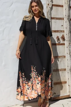 Jemina Maxi Dress - V-Neck Elasticated Waist A-Line Dress in Florence Print Black><noscript><img width=