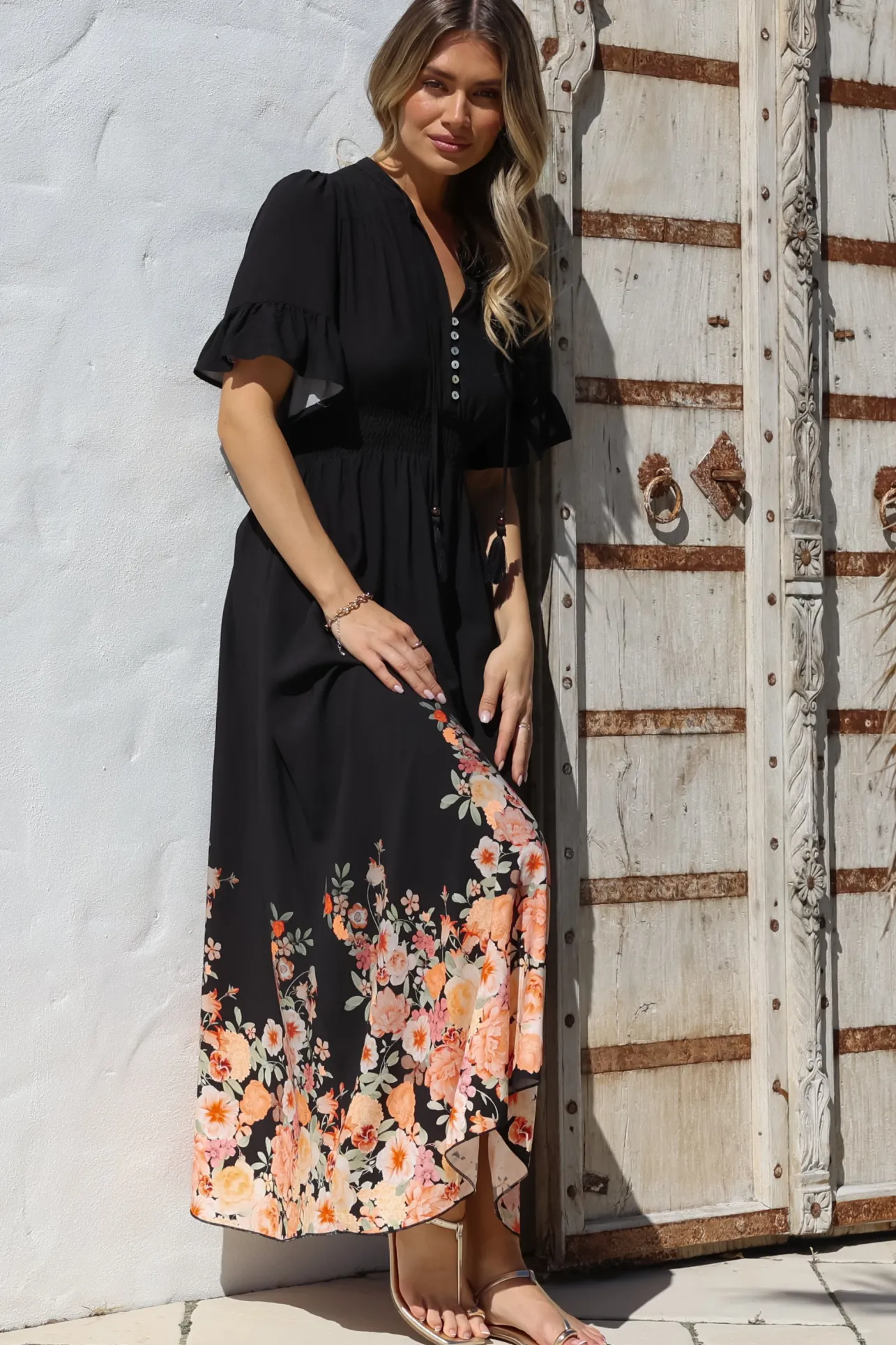 Jemina Maxi Dress - V-Neck Elasticated Waist A-Line Dress in Florence Print Black>Salty Crush Sale