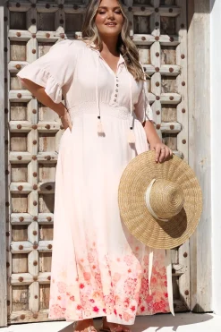 Jemina Maxi Dress - V-Neck Elasticated Waist A-Line Dress in Florence Print Pink>Salty Crush Clearance