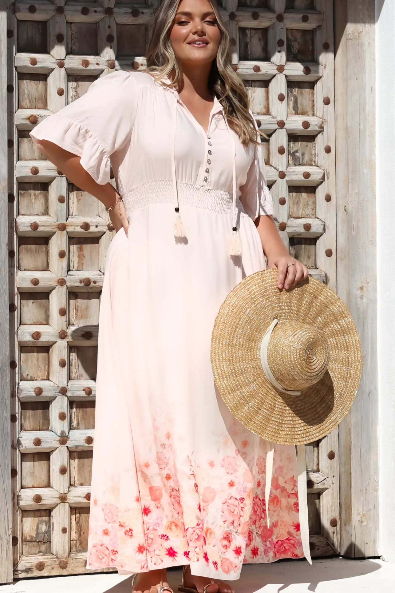Jemina Maxi Dress - V-Neck Elasticated Waist A-Line Dress in Florence Print Pink>Salty Crush Clearance