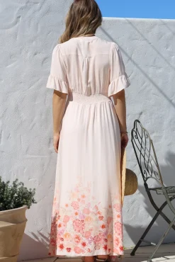 Jemina Maxi Dress - V-Neck Elasticated Waist A-Line Dress in Florence Print Pink><noscript><img width=