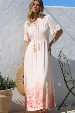 Jemina Maxi Dress - V-Neck Elasticated Waist A-Line Dress in Florence Print Pink><noscript><img width=