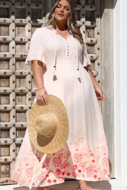 Jemina Maxi Dress - V-Neck Elasticated Waist A-Line Dress in Florence Print Pink><noscript><img width=