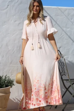 Jemina Maxi Dress - V-Neck Elasticated Waist A-Line Dress in Florence Print Pink><noscript><img width=
