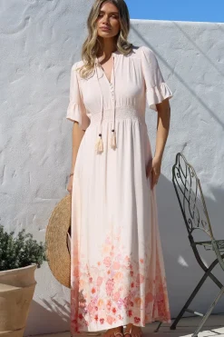 Jemina Maxi Dress - V-Neck Elasticated Waist A-Line Dress in Florence Print Pink><noscript><img width=