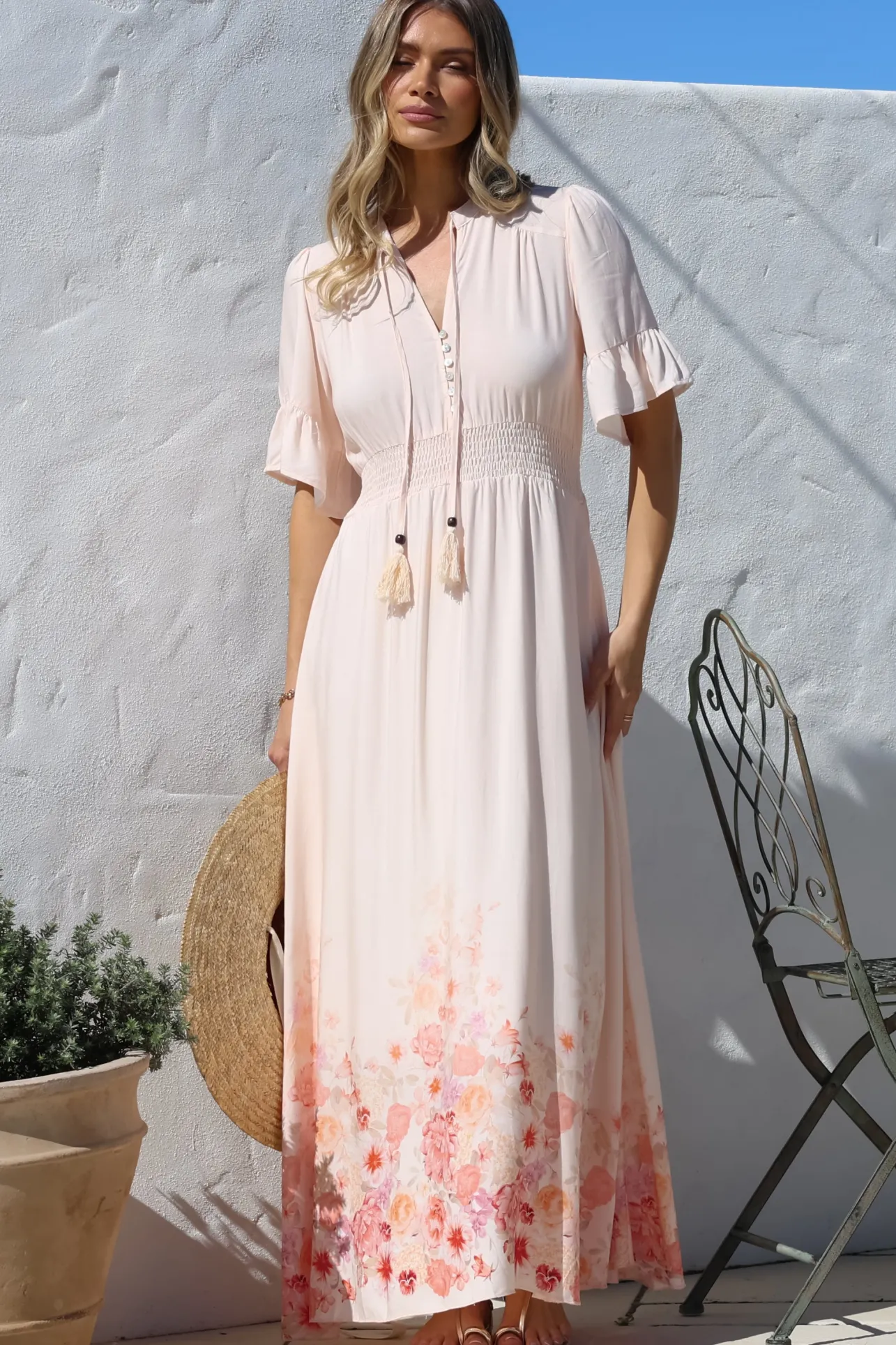 Jemina Maxi Dress - V-Neck Elasticated Waist A-Line Dress in Florence Print Pink>Salty Crush Clearance