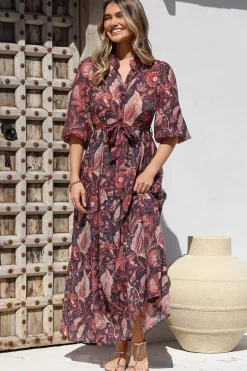 Jenni Maxi Dress - Frill Collar 3/4 Sleeve Dress with Waist Tie in Narah Print><noscript><img width=