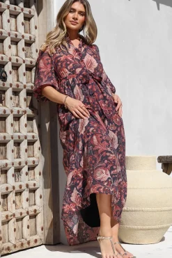 Jenni Maxi Dress - Frill Collar 3/4 Sleeve Dress with Waist Tie in Narah Print><noscript><img width=