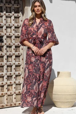 Jenni Maxi Dress - Frill Collar 3/4 Sleeve Dress with Waist Tie in Narah Print><noscript><img width=