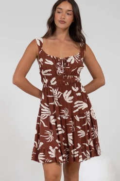 Jessie Mini Dress - Gathered Bodice Spaghetti Strap Sun Dress in Stassie Print Brown>Salty Crush New