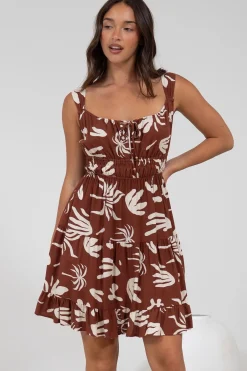 Jessie Mini Dress - Gathered Bodice Spaghetti Strap Sun Dress in Stassie Print Brown><noscript><img width=